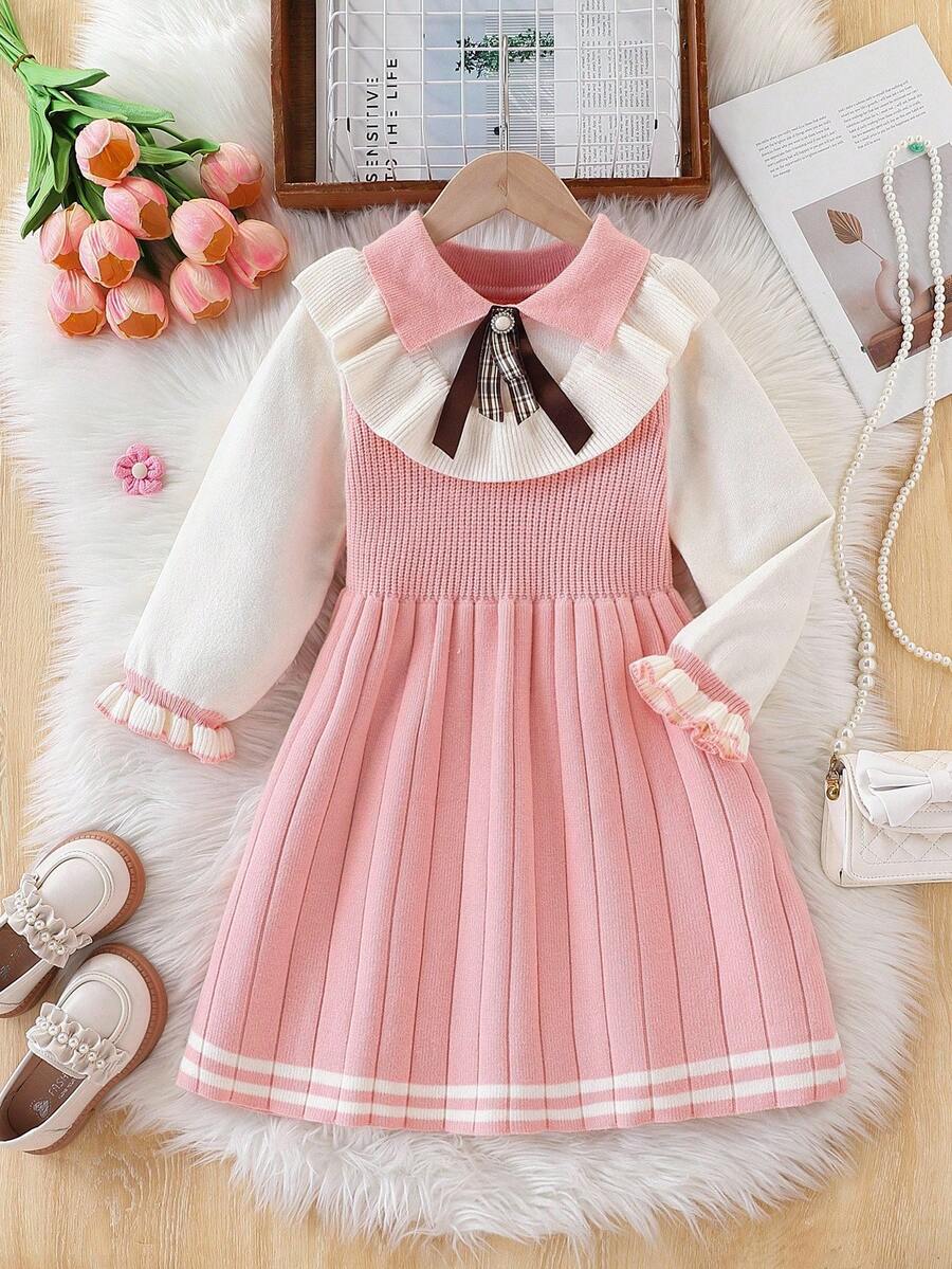 SHEIN 小女孩粉色和白色厚针织毛衣裙，公主风A字裙，适合居家、外出和聚会，秋冬 - 粉色 - 查看 1
