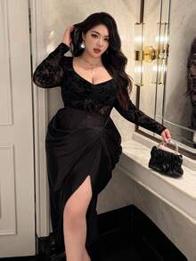 Flirla Plus Size Sweetheart Neck Long Sleeve Flocked Patchwork Ruffle Slit Romantic Elegant Vintage Black Dress For Dates, Parties, Galas Fall Cloth For Women - Black - View 4