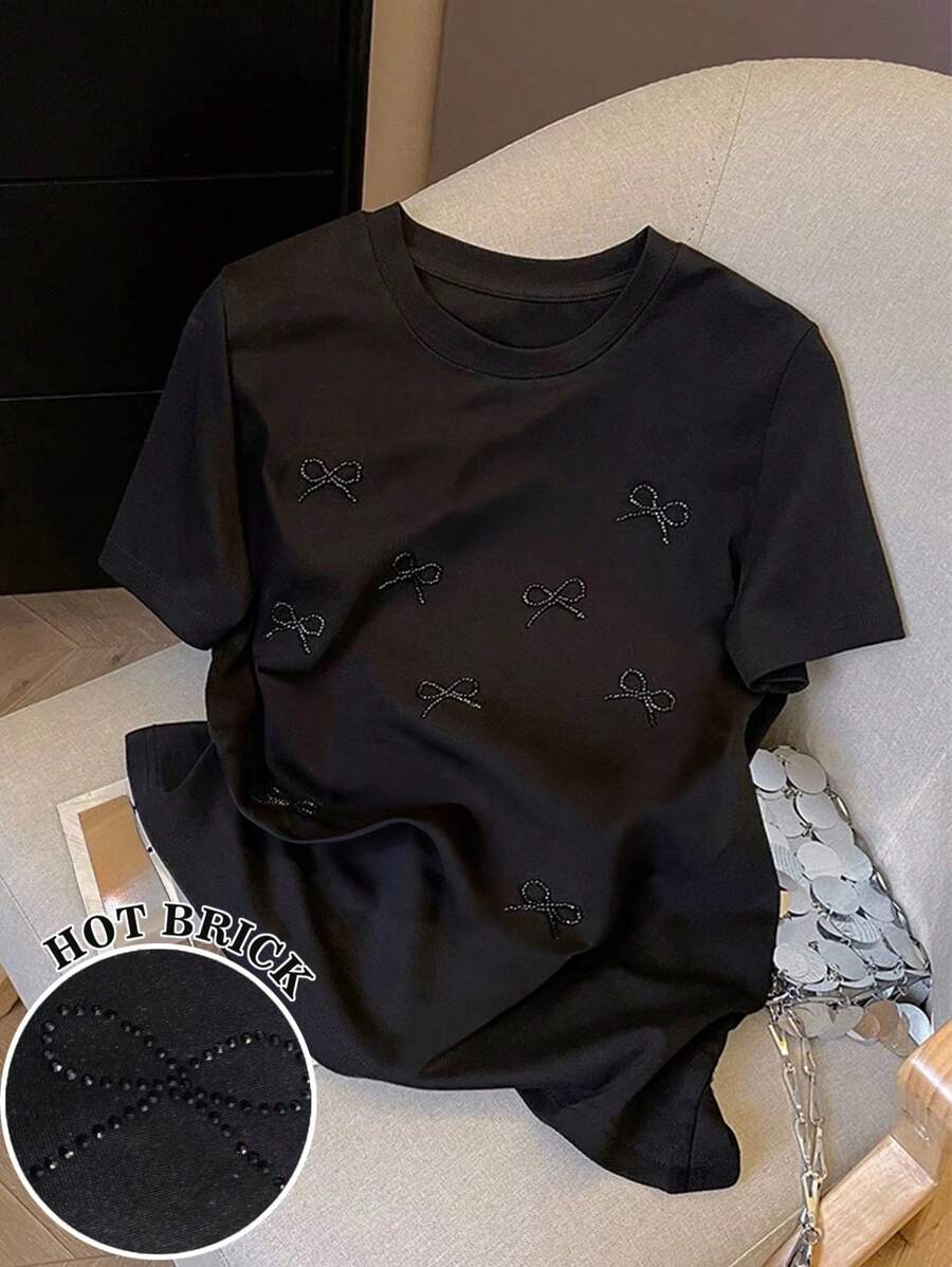 Resyla Rhinestone Bow Detail Minimalist Solid Color Crew Neck Pullover T-Shirt - Black - View 1