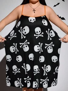 SHEIN CURVE+ Váy ngủ in hình bộ xương Halloween cỡ lớn cho nữ cỡ lớn/Mùa thu/Đông - Nhiều màu - Xem 9