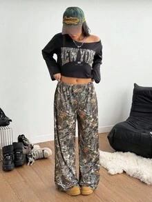 Teen Girl Letter Print Long Sleeve Cropped T-Shirt And Branch Print Pants Casual Outfit - Multicolor - View 7