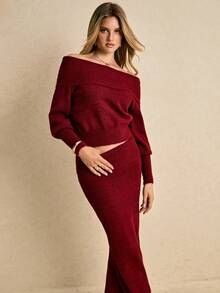 Poéselle 优雅红色针织露肩两件套 - 紅色 - 查看 4