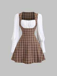 Sweetra 女式黑白撞色简约 A 字迷你连衣裙，适合通勤 - 彩色 - 查看 1