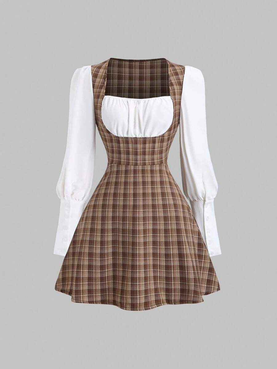 Sweetra 女式黑白撞色简约 A 字迷你连衣裙，适合通勤 - 彩色 - 查看 1