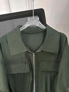 SHEIN Lacomfia Chaqueta casual de manga larga con cremallera, bolsillos múltiples y cordón para mujer de talla grande