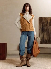 EMERY ROSE 绒面革复合背心夹克，通勤优雅斜口袋外套 - 彩色 - 查看 6