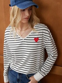 Écloséra French Formal Casual Elegant Fall Winter Clothes Striped Collar And Cuffs Hit White Long Sleeves Red V-Neck Heart Ladies Long Sleeve Fall Outfits Women Going Out T-Shirt Stripe Black White Top
