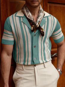 Manfinity Homme 男士休闲条纹纽扣短袖针织上衣 - 薄荷藍 - 查看 3