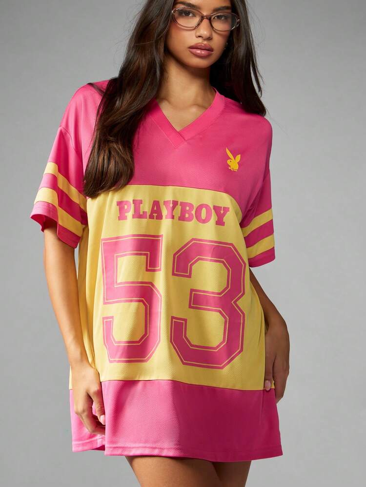 Missguided x Playboy Retro Sports Style V-Neck Mini Dress Football Jersey Streetwear Varsity Style Casual Oversized Pink Yellow College Games T-Shirt Dress Fall Collection