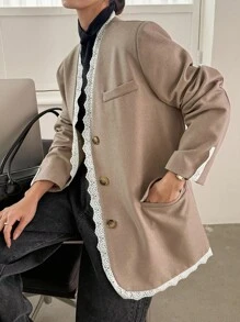 DAZY Women's V-Neck Lace Patchwork Contrast Color Decor Loose Casual Blazer Business Attire