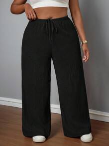 SHEIN PETITE CURVE Pantalones casuales de vacaciones de textura marrón para mujer de talla grande