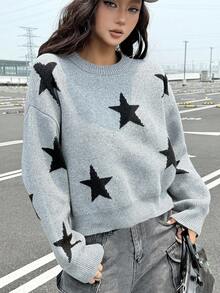 DAZY 女式宽松圆领印花街头风毛衣秋季 - 灰色 - 查看 9