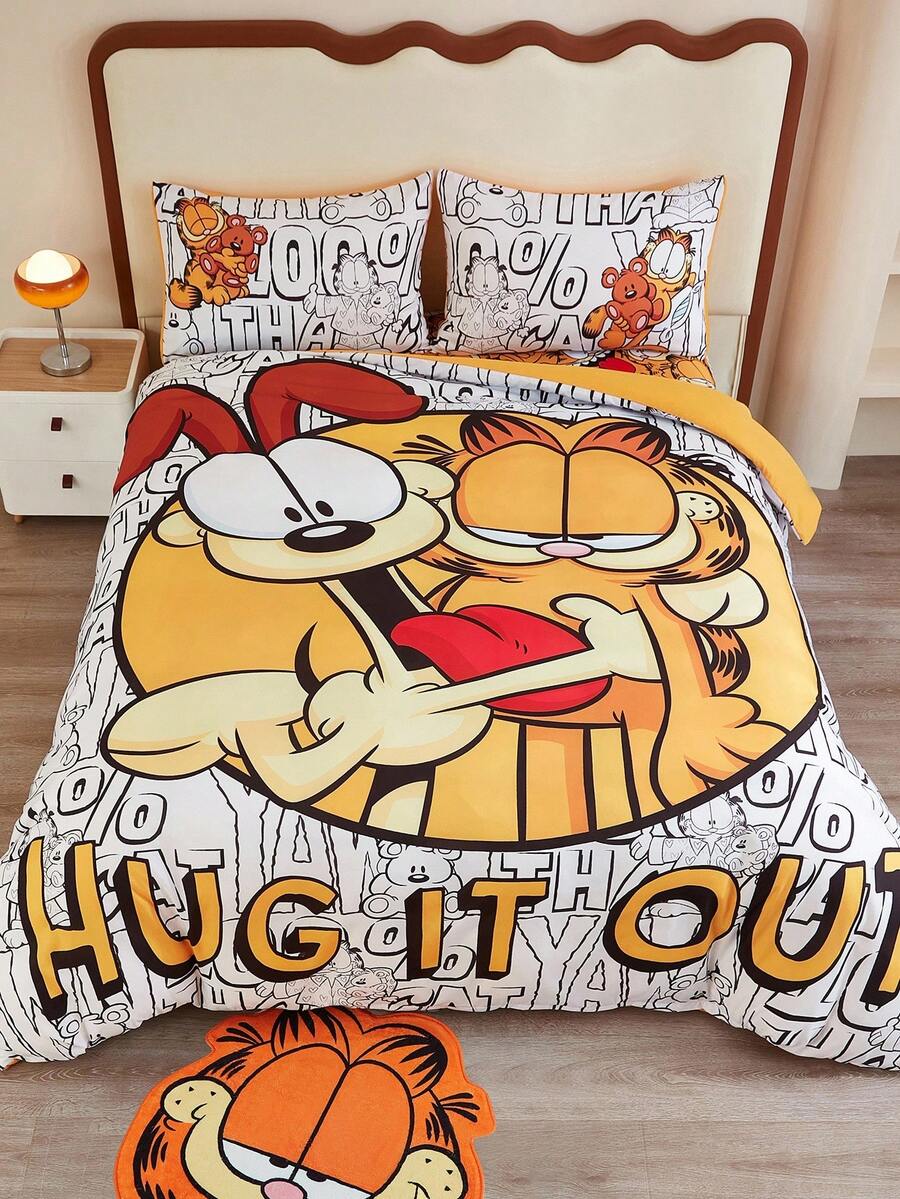 GARFIELD | SHEIN 3-teiliges Bettwäsche-Set mit Cartoon-Muster (Bettdeckenbezug + Kissenbezug), weiches und bequemes Material, passend für verschiedene Bettgrößen, süße Katzen- und Hunde-Muster