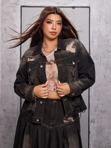 SHEIN EZwear 大码女式前卫街头风格做旧黑色牛仔夹克，无弹力 - 黑色 - 查看 5