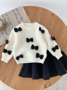 SHEIN LMoss Kids Babygirl Cute Bow Decor Long Sleeve Sweater & Elastic Waist Skirt 2-Piece Set, Versatile For Autumn/Winter Fall