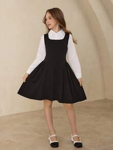 Girls' Casual Stylish Elegant Lapel Raglan Sleeve White Shirt&High Waist Vest Dress Set,Black And White,Autumn,School,Back-To-School All Season Outfit - Black - View 3