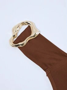 SOLERSUN 春夏女装，优雅风格，派对，杏色，闪亮针织面料，无袖露肩领口，金属装饰扣，鱼尾裙摆，性感长裙 - 咖啡 - 查看 7