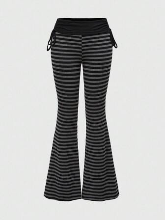 Grunge Punk Pantalones de pierna acampanada con cordón y contraste de color a rayas, estilo punk para mujeres