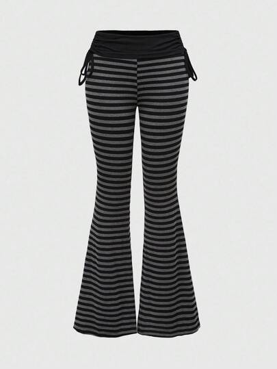 Grunge Punk Pantalones de pierna acampanada con cordón y contraste de color a rayas, estilo punk para mujeres