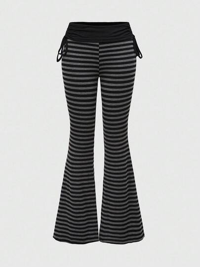 Grunge Punk Punk Style Striped Contrast Color Drawstring Flare Leg Pants For Women