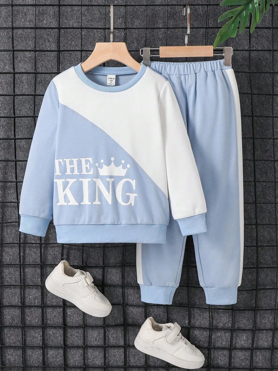 SHEIN 2 件套年轻男孩字母印花运动衫和运动裤，休闲运动装 - 霧霾藍 - 查看 1