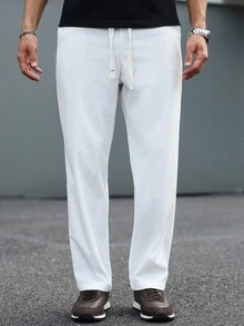 Manfinity Homme 男士休闲纯色抽绳腰长裤白色，老款风格，秋冬，灯芯绒