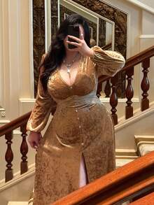 Flirla Váy dự tiệc tối giản thanh lịch, cổ chữ V sâu, tay dài, viền ren, nhung lấp lánh, cỡ lớn dành cho nữ - Rượu sâm banh - Xem 5