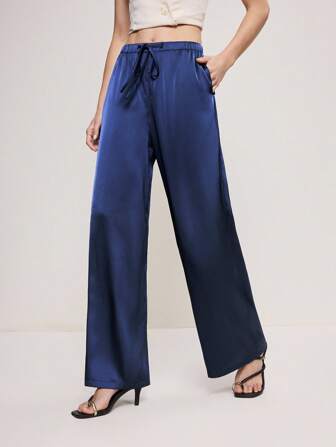 BizChic 2025 Automne/Hiver Pantalon à taille élastique ajustable avec cordon de serrage bleu marine pour femmes, texture de satin, polyvalent pour le travail, le casual, le bureau, les sorties, les fêtes, l'aéroport, les rendez-vous romantiques, les festivals de musique country, le style vintage coréen, les mariages, les anniversaires, Halloween, Noël