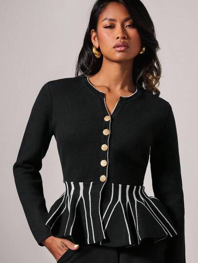 COSMINA 女士优雅通勤撞色前扣荷叶边下摆开衫，秋冬