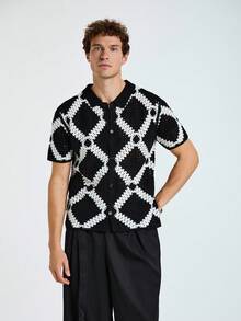 Manfinity Homme Men's Boxy Fit Button Through Crochet Knit Shirt - Black and White - View 3