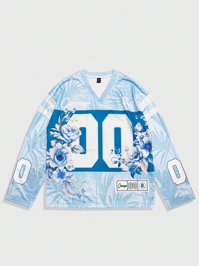 Prep Men's Floral & Numeric Print V-Neck Long Sleeve T-Shirt, For Fall