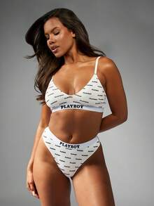 Missguided x Playboy Women High Cut Thong Underwear Printed Logo Elastic Band Matching Soft Low Rise Seamless Intimates All Over Print Design - Multicolor - View 3