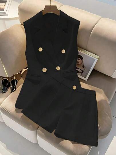 GlowEve CURVE 2pcs/Set Plus Size Women Double-Breasted Sleeveless Jacket And Shorts Office Casual Suit