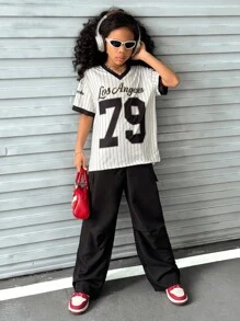SHEIN Explorewe Tween Girls Casual Striped V-Neck Off Shoulder Loose T-Shirt With Number Graphic Tee And Cargo Straight Pocket Pants 2 Pieces Outfit, Fashionable And Spring/Summer/Autumn Set Baseball Outfits Outfit Sets