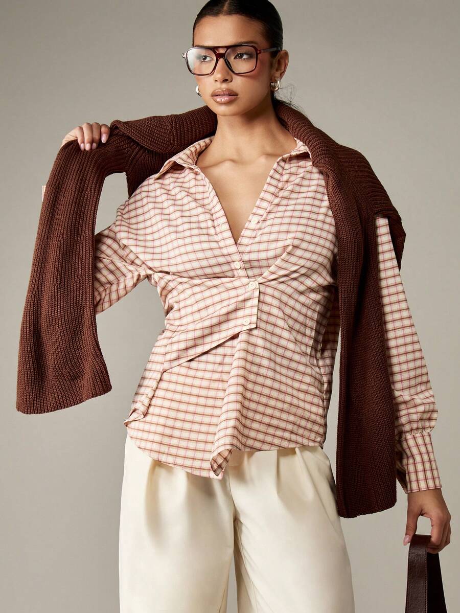 MISSGUIDED Elegant Checkered Button Down Blouse With Cinched Waist Asymmetric Front Office Business Professional Winter Fall Work Top Long Sleeve Classic Feminine