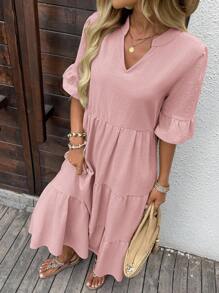 Faunlyn Vestido casual suelto de mujer con cuello en V, mangas acampanadas y volante en el bajo - Rosa - Ver 4