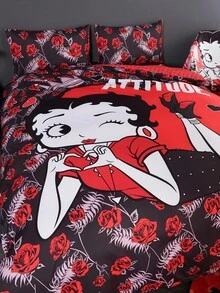Betty Boop x SHEIN 3件套双面字母和数字图案被套，适用于单人床/双人床/大号床/特大号床，宿舍/家居，礼品之选，派对，节日，情人节