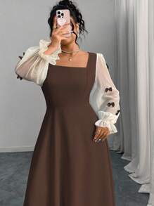 Modelyn Plus Size Women's Patchwork Sheer Ruffle Sleeve Bow Decor Square Neck Waist Cinched Dress, Spring/Summer/Autumn Fall Cloth For Women - Brown - View 5