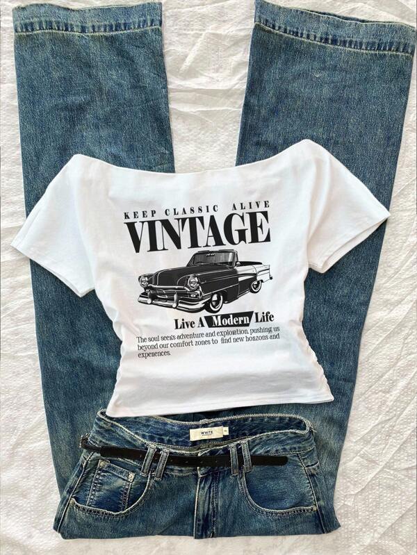 Attitoon Vintage Car Letter Print Casual Ruched Waist Off Shoulder Tight Fitting Short Sleeve T-Shirt For Women, Suitable For Summer