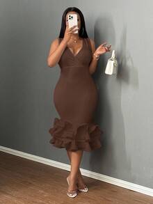 Slaydiva Elegant Bodycon Deep V-Neck Ruffle Hem Dress - E - Brown - View 3