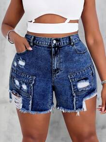 SHEIN Essnce Short en jean délavé et déchiré d'été casual grande taille - Jean brut - Voir 1