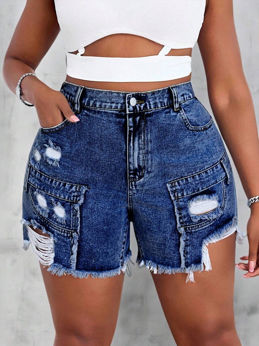 SHEIN Essnce Short en jean délavé et déchiré d'été casual grande taille - Jean brut - Voir 1