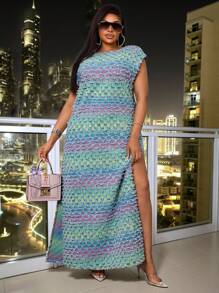 Slaydiva Plus Size Cowgirl Outfit Colorful Non-Stretch Sexy Fashion High Slit Dress, Rodeo Outfits For Women Old Money Elegant Outfit Iridescent Maxi Dress Autumn