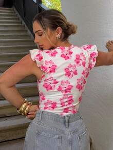 Jeta Ari Women's Casual Vacation, Western, Beach, Wedding Guest, Graduate, Brunch, St. Patrick's Day, Spring Break, Easter, Music Festival - Elegant Bohemian Tropical Floral Print Ruffle Sleeve T-Shirt Vest Top, Spring/Summer - Pink - View 2