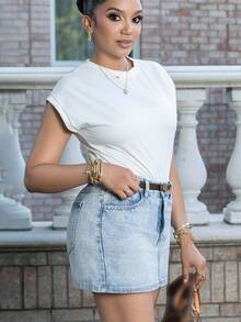 Melissa Matos 女士休闲口袋牛仔迷你裙 - 藍色 - 查看 3