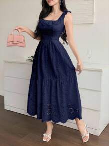 DAZY French Lace Embroidery White Waist Cinched Dress, Vacation Fairy Style