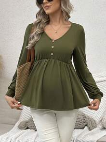 SHEIN Casual Long Sleeve Ruffle Hem Maternity T-Shirt - Army Green - View 3