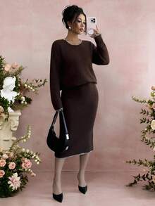 Rafferiza Women's Elegant Commuter French Casual Embroidered Trim Long Sleeve 2 Pieces Dress Set Fall Winter Cloth For Women