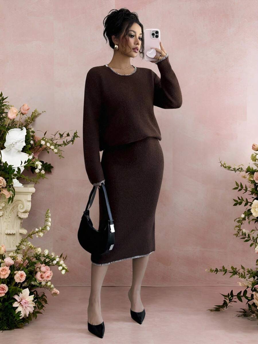 Rafferiza Women's Elegant Commuter French Casual Embroidered Trim Long Sleeve 2 Pieces Dress Set Fall Winter Cloth For Women