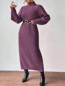 EMERY ROSE Solid Color Turtleneck Knit Dress, Casual For Autumn/Winter Fall Cloth For Women